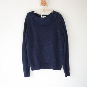 Vertbaudet Metallic Knit Ruffle Collar Sweater Girls Size 10 Navy Blue‎ Sparkle